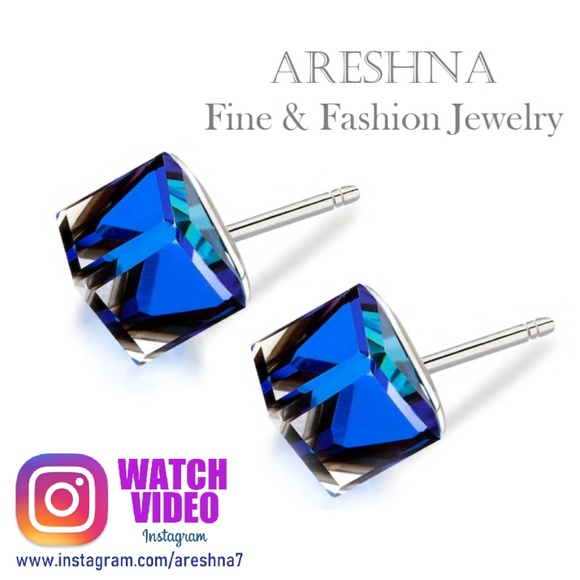 Areshna Jewelry - Magic Blue Cube Swarovski Stud Earrings